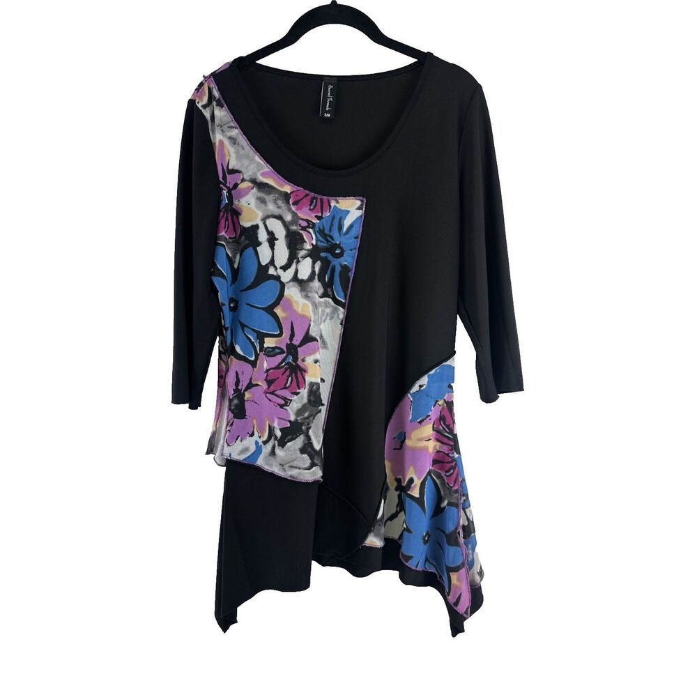 Sacred Threads Tunic Asymmetrical Shark Hem‎ Floral Black Womens Small Medium